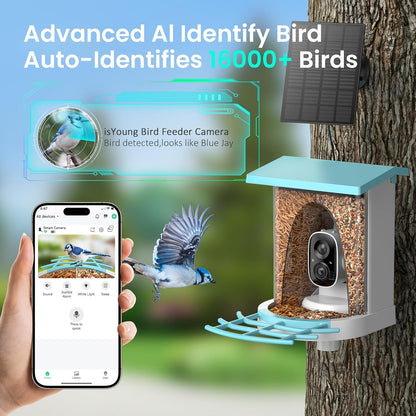 Smart Bird Feeder with Camera, 2K HD, Dual Granary, AI Identify 16,000+ Birds, Auto-Capture, Motion Detection, 5W Solar, 170° Wide View, Ideal Gift for Birds Lovers, Outdoor Bird Watching.