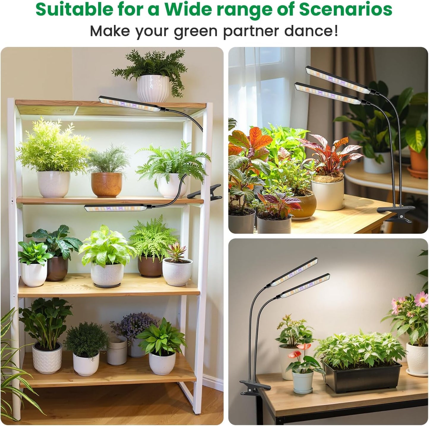 Grow Light Clip on 2 Pack, 228 LED Full Spectrum Plant Lights for Indoor Growing, 2 Head Black Arm Grow Lamp with Gooseneck, 6/12/16H Timer, 5 Dimming, 3 Light Mode