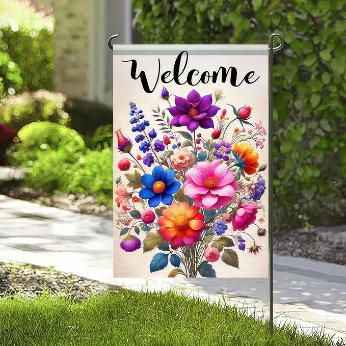 Welcome Spring Garden Flag 12x18 Double Sided Small Floral Flower Garden Yard House Flags Outside Outdoor House Hello Spring Summer Decoration Wedding Anniversary Farmhouse Holiday