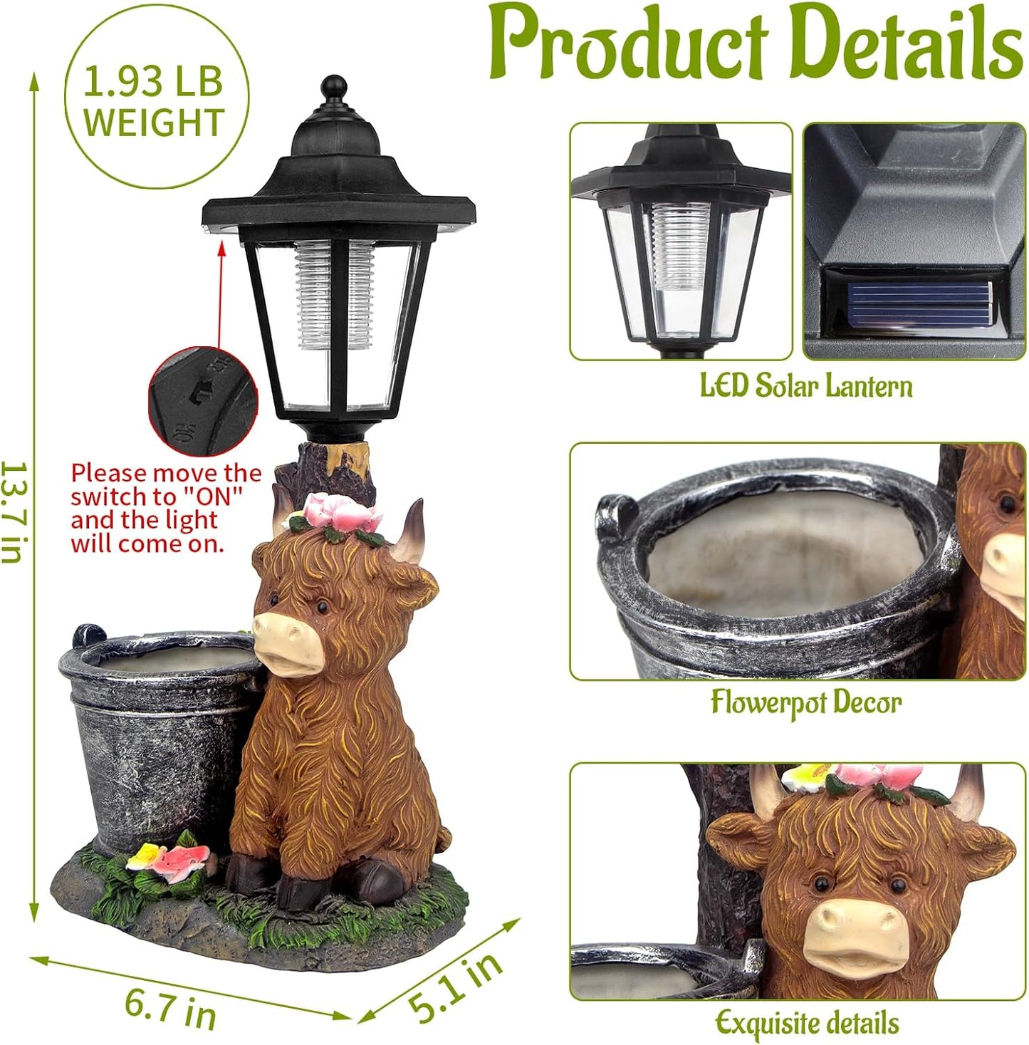 Solar Highland Cow Outdoor Statues, Garden Sculptures with Flowerpot Decor & Solar Lantern for Yard Art Lawn Ornaments Porch Patio Balcony - Birthday Gifts for Women Mom