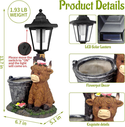 Solar Highland Cow Outdoor Statues, Garden Sculptures with Flowerpot Decor & Solar Lantern for Yard Art Lawn Ornaments Porch Patio Balcony - Birthday Gifts for Women Mom