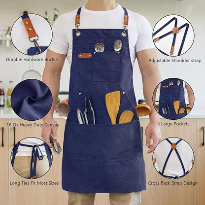 Canvas Aprons for Men Chef Apron, Work Apron with Large Pockets - 16oz Heavy Duty Cross Back, BBQ, Cooking