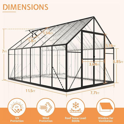 Jocisland 8x11.5x7 FT Polycarbonate Greenhouses for Outdoors, 2 Top-Opening Windows, 2 Swing Doors, Aluminum Walk-in Heavy Duty for Outdoor Use, Backyard Garden, Black