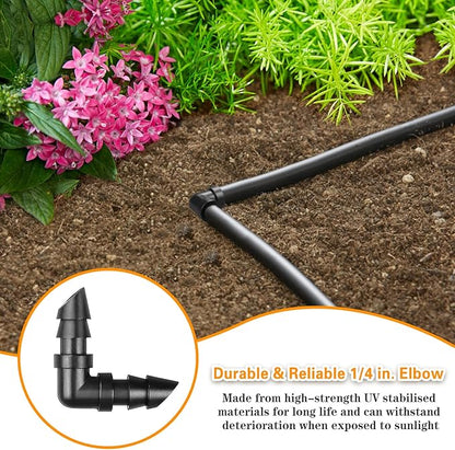 Drip Irrigation Elbow Fittings：50 Pieces Barbed Elbow Irrigation Parts with Sharp End Fits for 1/4 Inch Irrigation Tubing Drip Line Elbow Connectors for Garden Lawn Irrigation System
