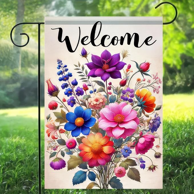 Welcome Spring Garden Flag 12x18 Double Sided Small Floral Flower Garden Yard House Flags Outside Outdoor House Hello Spring Summer Decoration Wedding Anniversary Farmhouse Holiday