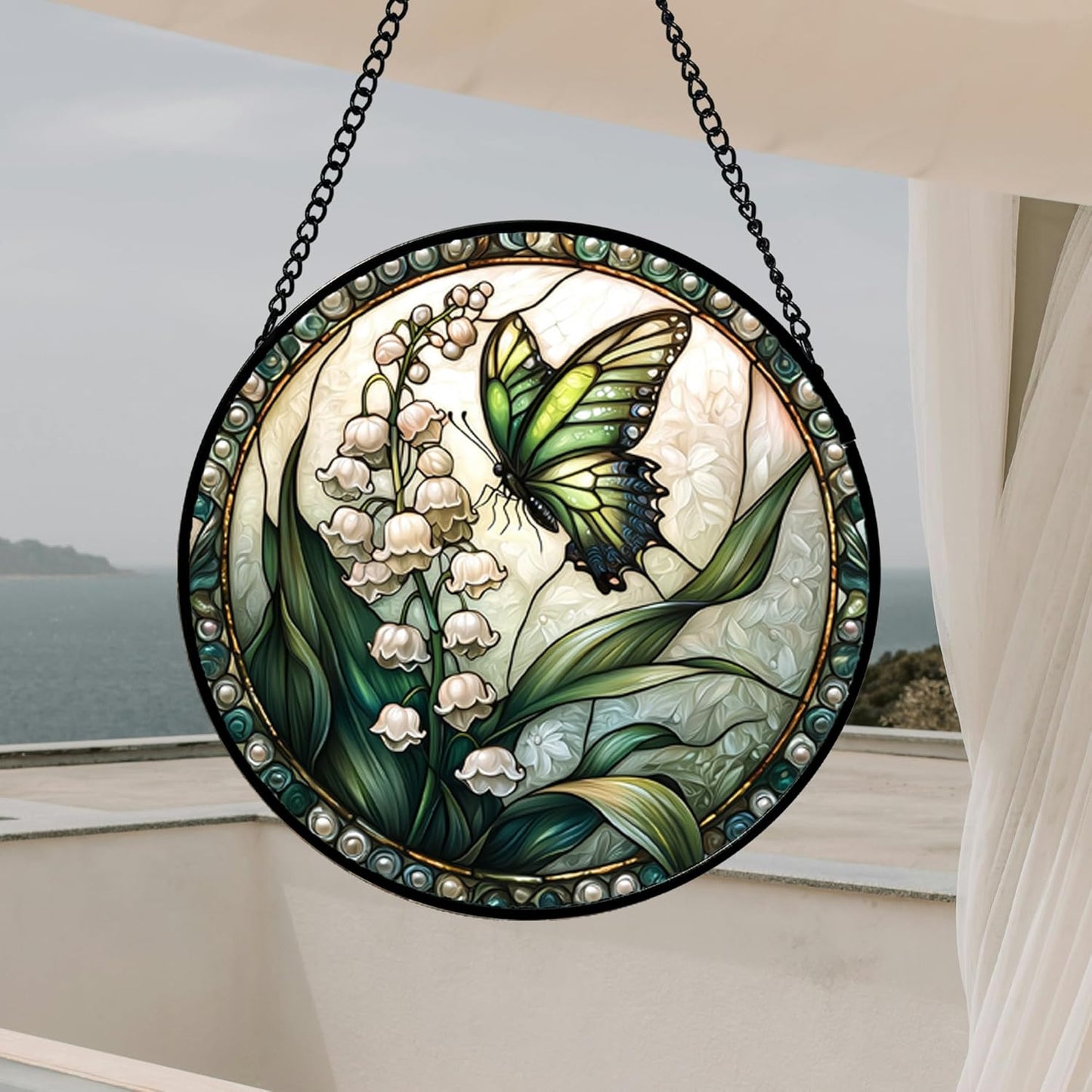 Stained Glass Window Hanging, Lily of The Valley Flower Butterfly Suncatcher for Doors Home Sun Catchers Decoration and Christmas, Mother's Day Birthday Gifts for Women, Men, Mom 14.9x14.9 in