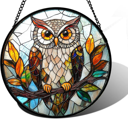 Stained Glass Window Hanging, Owl Colorful Leaves Birds Sun Catchers Diamond Glass Panel Hangings Suncatcher Decor for Birthday for Women, Men, Wife, Aunt, and Mom 7.8 in