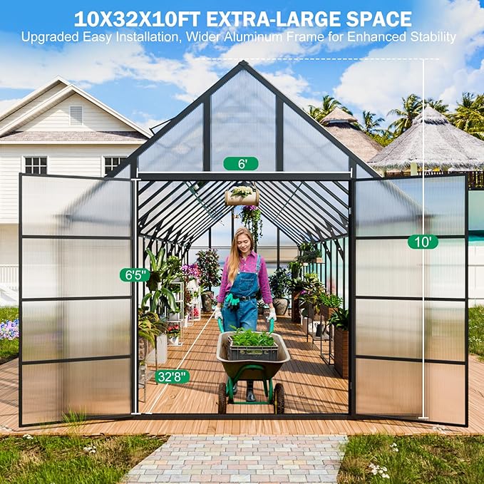 CDCASA 10x32 FT Greenhouse for Outdoors,Large Easy Assembly Thicker Aluminum Polycarbonate Greenhouses w/7 Windows, Double Door, Walk-in Green House for Outside,Patio,Backyard,Garden