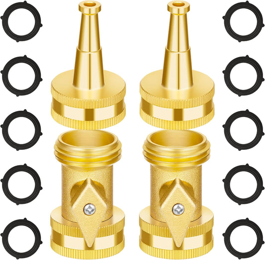 AUTOMAN Brass Hose Nozzle - High Pressure Jet Nozzle 4 Count (2 Set), Heavy Duty Water Hose Sprayer Sweeper with Hose Shutoff Valve, 3/4” GHT Nozzles for Garden Hose, Car Wash, Extra 10 Rubber Washers