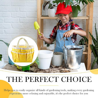 Small Garden Tote Bag Oxford Waterproof with 8 Pockets Gardening Plant Tool Organizer Storage Carrier Store for Outdoor Children (Yellow)