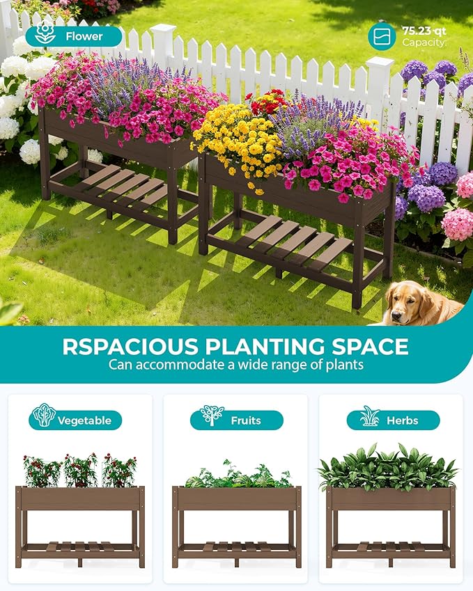 SERWALL Raised Garden Bed Set of 2, HDPE Raised Bed for Gardening All Weather Use- Brown