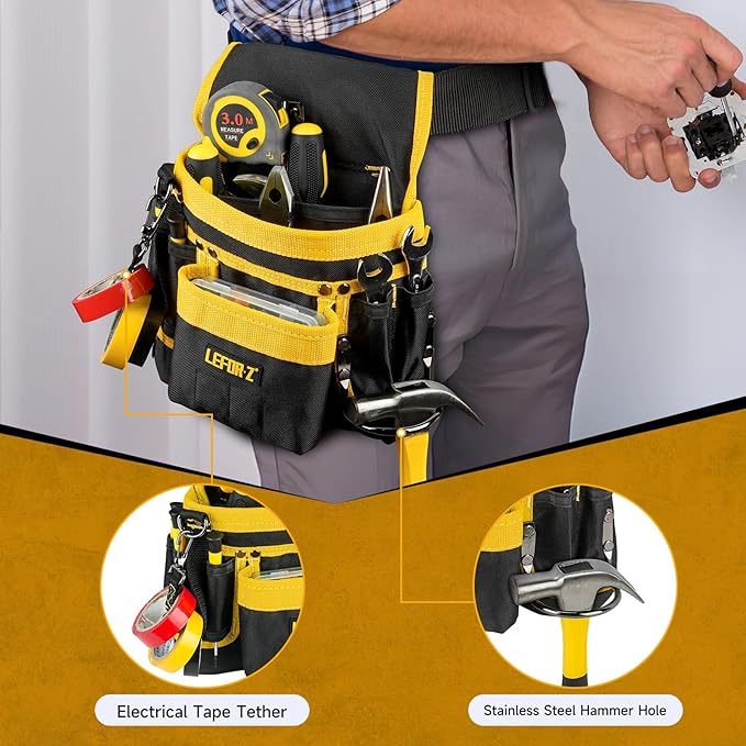 Tool Belt,Magnetic Tool Pouch,14-Pockets Tool Belts for Men,Detachable & Adjustable Tool Pouch belt for Electrician,Carpenter,Construction,Work Apron,Utility Belt,Black-Yellow
