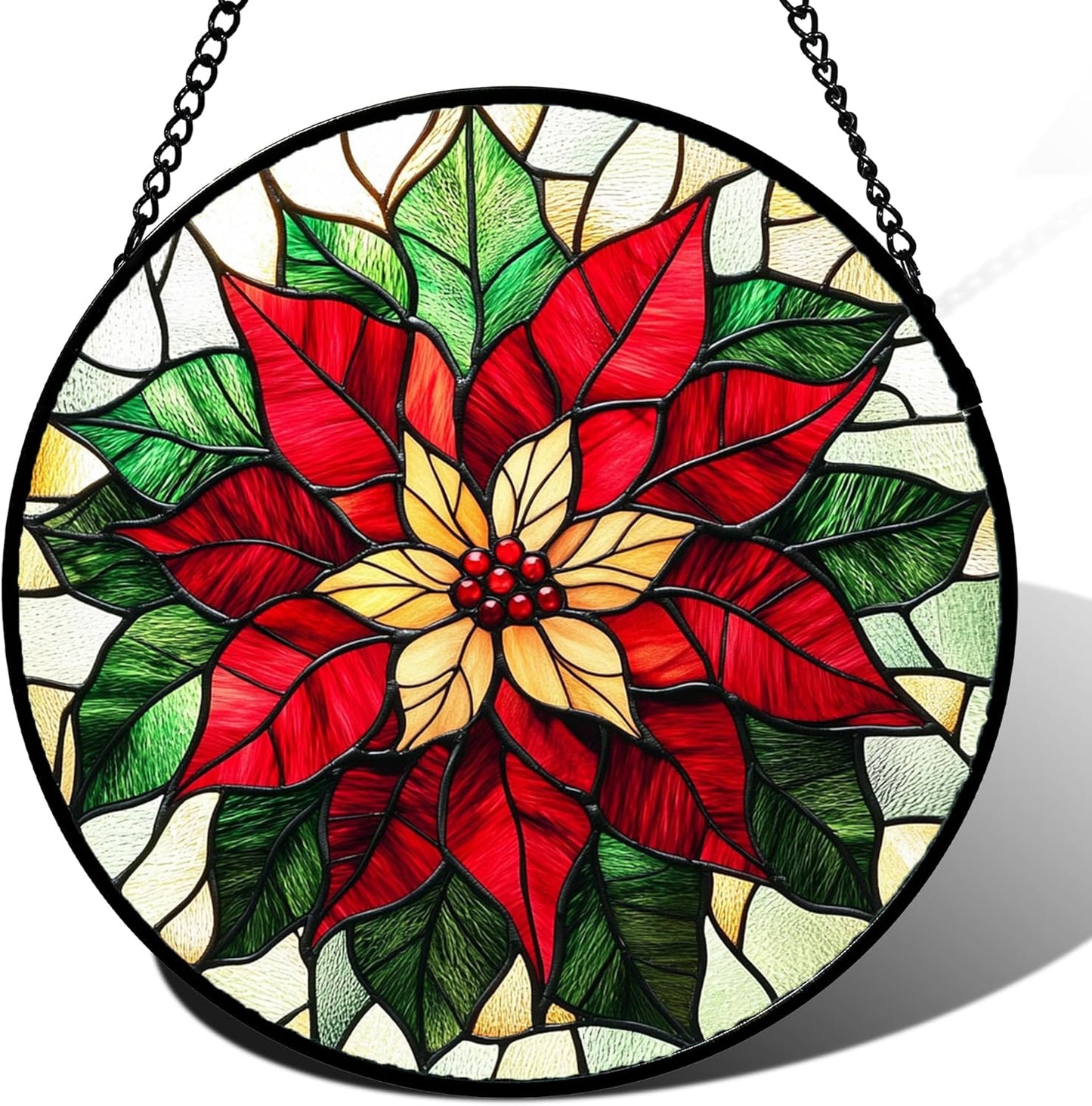 Stained Glass Window Hanging - Red Poinsettia Birth Flower Sun Catcher for Door Garden Home Decor Suncatcher Christmas Mother's Day Birthday Gifts for Women Men Mom Girl Nana Friend 11.8 in