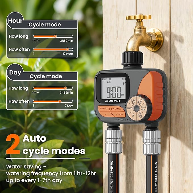 Giraffe Tools Garden Hose 100ft x 5/8", Water Hose Heavy Duty, Flexible with Watering Timer Nozzle and Yard Sprinkler, Lightweight Hybrid Hose with Swivel Handle, Male to Female Fittings