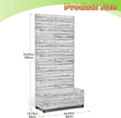 Metal Raised Garden Bed with Trellis, 2-in-1 Planter Box & Privacy Screen for Climbing Plants, Outdoor Standing Flower Bed with Drainage Holes, 35.4" L x 15.7" W x 70.1" H, White Oak Grain