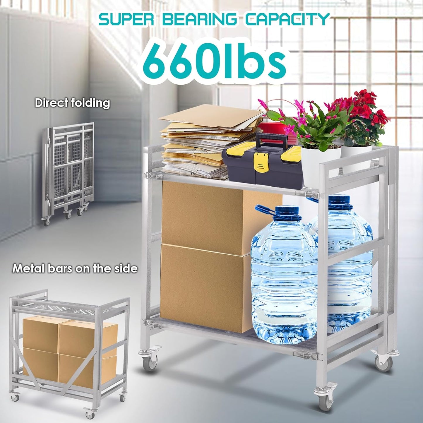 2 Shelf Rolling Cart with Wheels, 660lbs Capacity Collapsible Steel Rolling Utility Cart, Heavy-Duty Foldable Hand Truck, Metal Storage Carts with Handle for Groceries, Warehouse (36" Lx26 W)