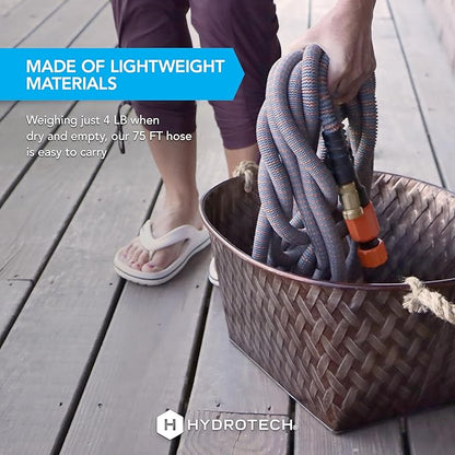 HydroTech 75 ft Expandable Garden Hose - Burst Proof & Lightweight, Flexible Water Hose with Durable Reinfordced Latex Core & Solid Brass Fittings for Lawn, Garden, Car Washing