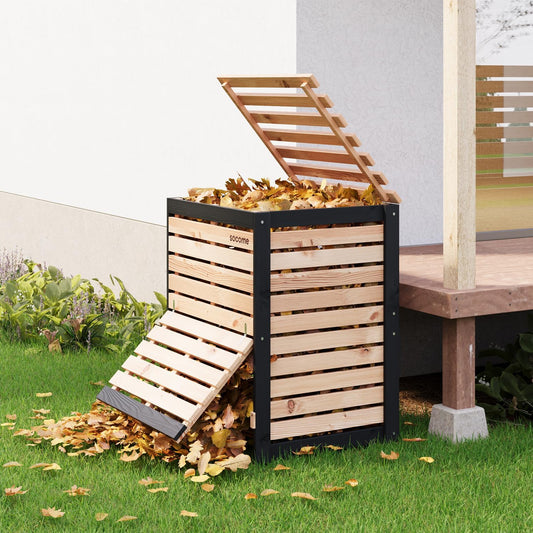 130 Gallon Solid Wood Composter, Outdoor Compost Bin with Pull-Out Door, Heavy Duty Composting Bin for Backyard, Garden, Patio, Natural