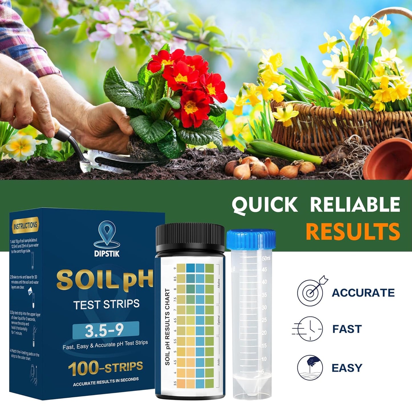 Soil Test Kit for pH 3.5–9 with Tube, 100 Soil pH Test Strips for Accurate Testing pH Level of Garden Lawn Flower Grass Vegetable Dirt Yard, Outdoor Indoor Plants