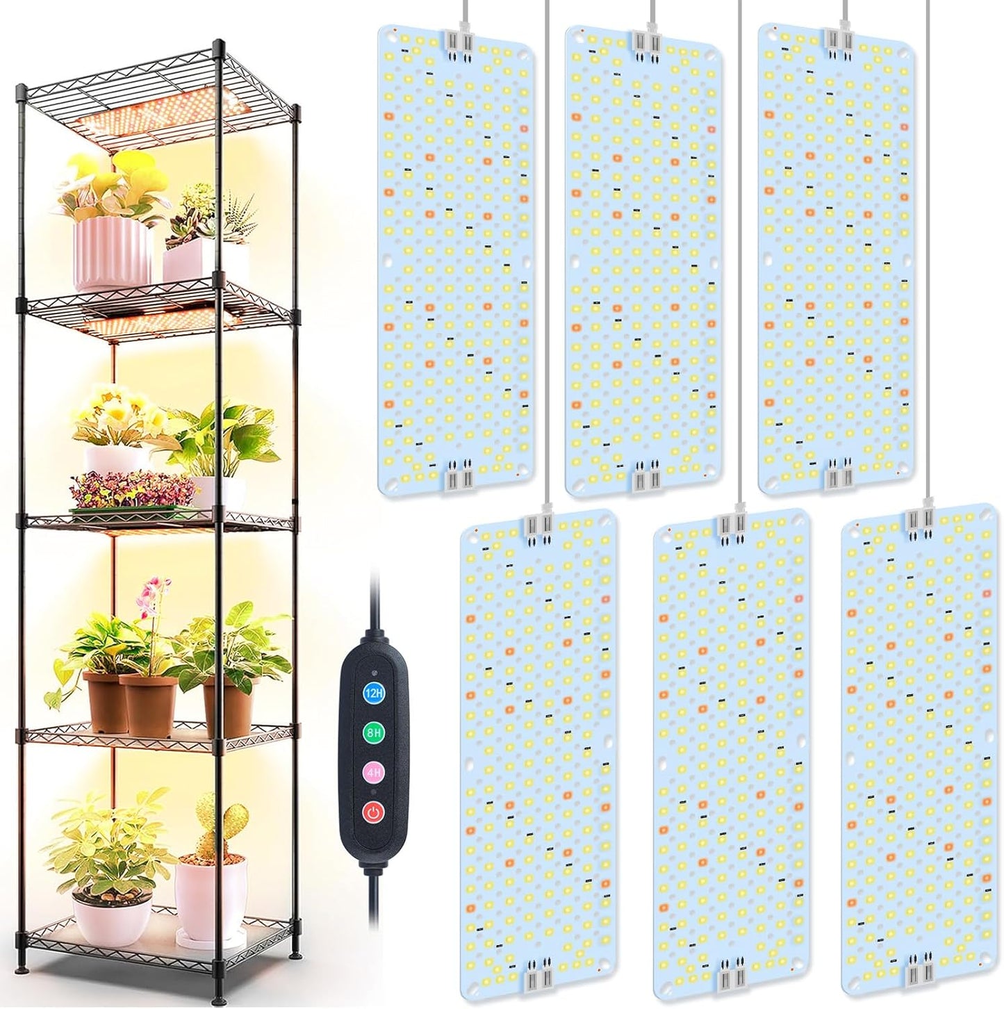 6Pack Panel Grow Lights for Indoor Plants, Seed Starting, Vegetables, Pot Plants, Bonsai with Timer, Ultra-Thin Under Cabinet & Shelf Full Spectrum LED Plant Growing Lamps, Multi-Panels Free Connect