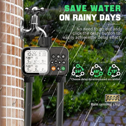 2 Zone Sprinkler Timer for Garden Hose, 8 Programmable Hose Water Timer with Auto Rain Delay, 3.3“ Large LCD Display Digital Irrigation System for Plant, Yard, Lawns, Outdoor