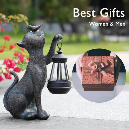 Outdoor Cat Statues Solar Garden Decor : Cat Figurine with Bird Decor,Unique Garden Art for Porch Patio Balcony Yard Lawn Ornaments - Birthday Housewarming Gifts for Grandma Mom Women