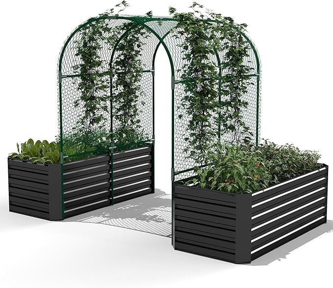 Raised Garden Bed with Arch Trellis for Climbing Plants,Galvanized Raised Garden Bed,Planter Boxes Outdoor for Vegetables Flowers Herb,269 Gallon Capacity Black