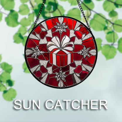 Stained Glass Window Hanging 4 Pcs Set Red Christmas Decorations Theme 9.8" - Suncatcher Door Garden Sun Catcher Decor Birthday for Mom Woman Nana Men Friend Wife