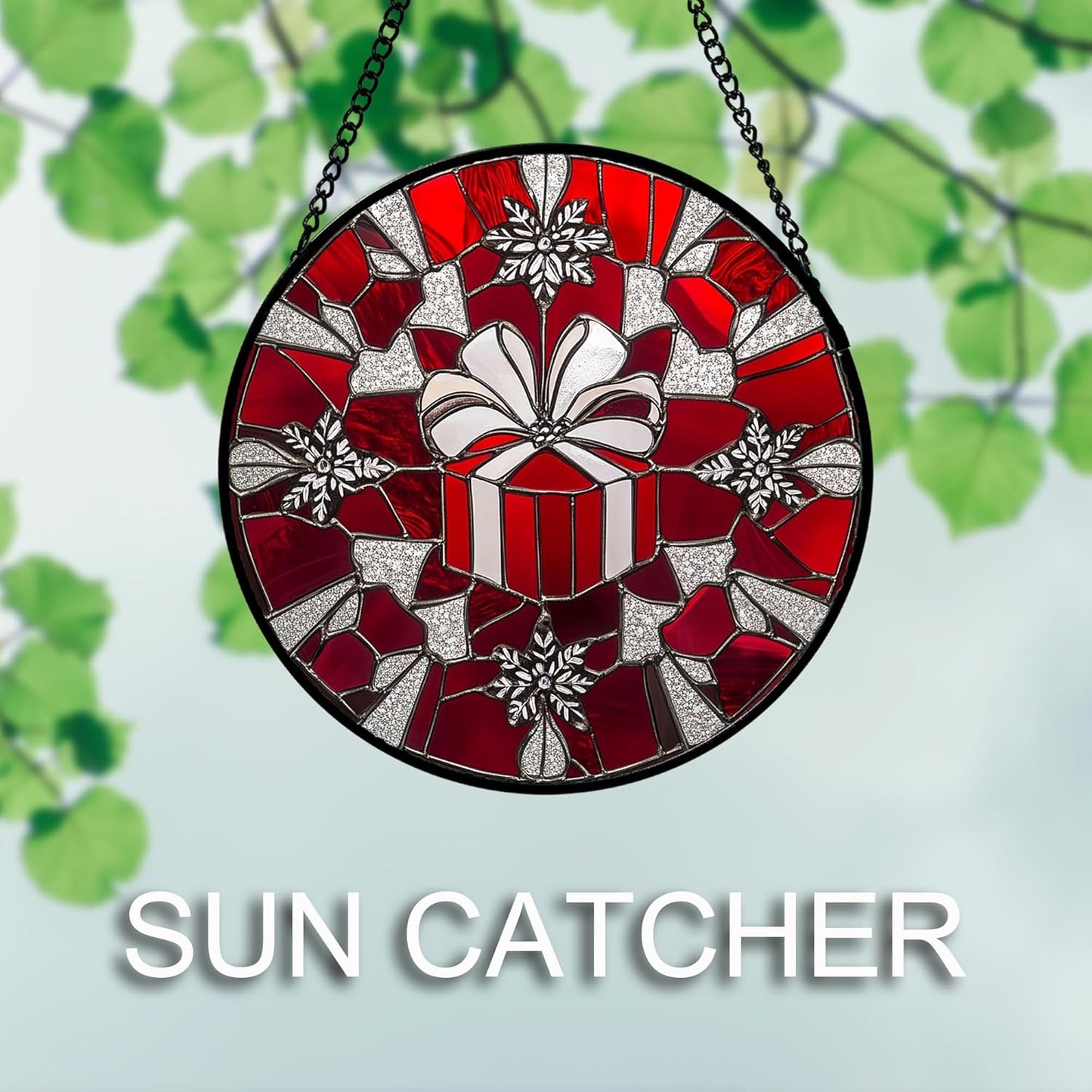 Stained Glass Window Hanging 4 Pcs Set Red Christmas Decorations Theme 6.3" - Suncatcher Door Garden Sun Catcher Decor Birthday for Mom Woman Nana Men Friend Wife