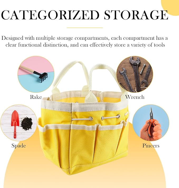 Small Garden Tote Bag Oxford Waterproof with 8 Pockets Gardening Plant Tool Organizer Storage Carrier Store for Outdoor Children (Yellow)