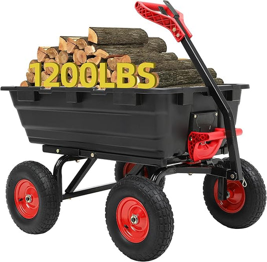 1200lbs Garden Dump Cart,7 Cu.Ft Utility Wagon Cart with Hitch,Heavy Duty Yard Dump Wagon Wheelbarrows with 13" All Terrain Wheels & 2-in-1 Handle,Tow Behind for Lawn Mower Tractor ATV