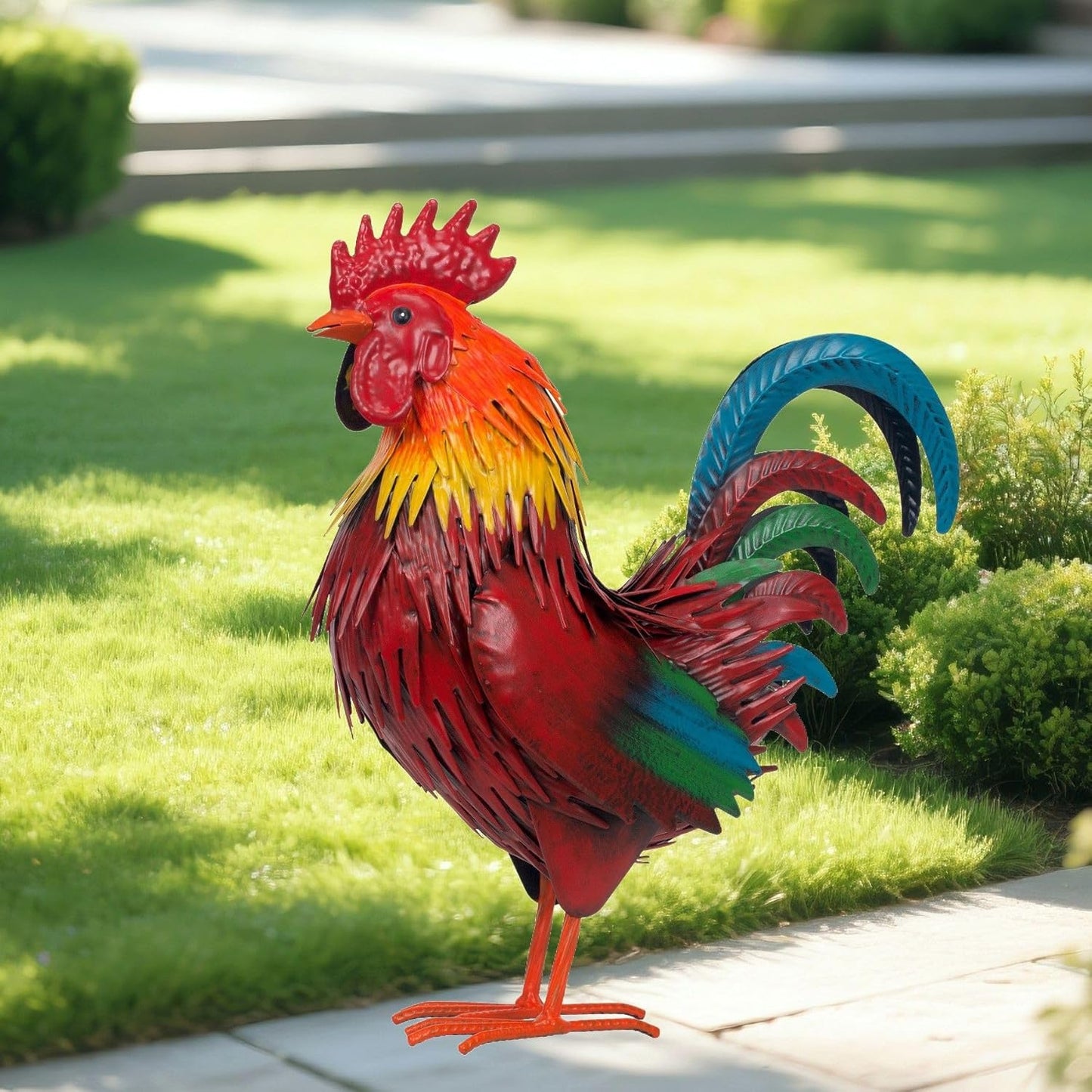 Rooster Garden Statue Sculpture Metal Chicken Yard Decor Outdoor Figurines Patio Backyard Decoration (red)