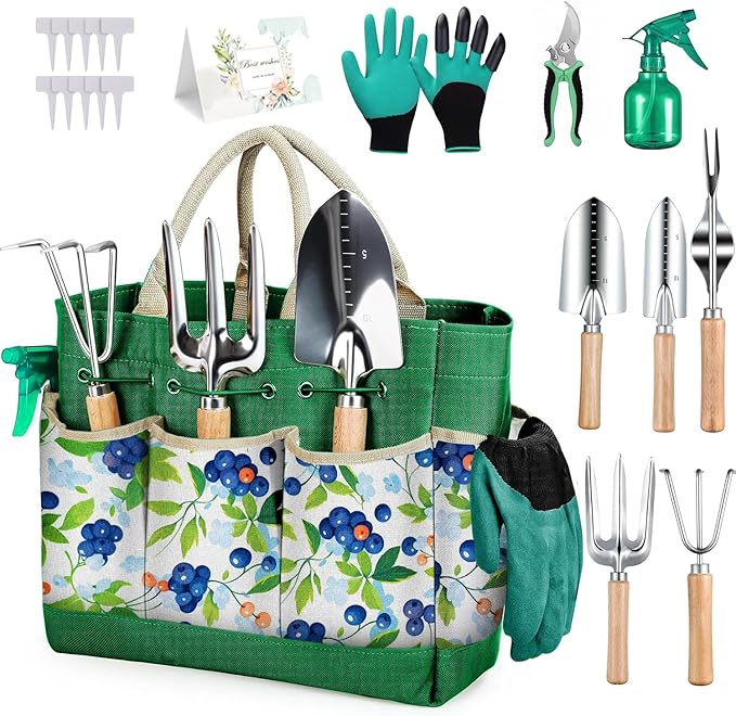 Gardening Tools Set, 11-Piece Heavy Duty Rust-Proof Garden Supplies Perfect Gardening Gifts for Women and Beginner, Green