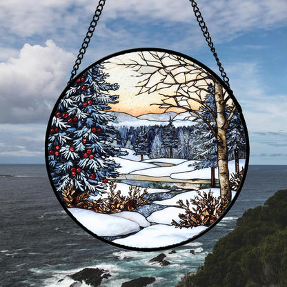 Stained Glass Window Hanging, Winter Snow Landscape Suncatcher Diamond Glass Panel Sun Catchers Decor for Birthday for Women, Men, Wife, Aunt, and Mom 14.9 in