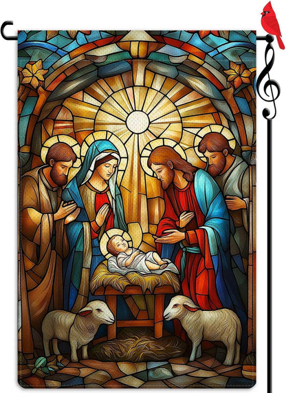 O Holy Night Garden Flag Jesus Birth Nativity Night Small Flag for Outside Stained Glass Style Burlap Double Sided Welcome Yard Lawn Winter Decor 12.5x18"
