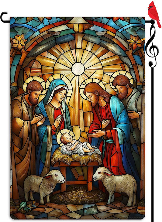 O Holy Night Garden Flag Jesus Birth Nativity Night Small Flag for Outside Stained Glass Style Burlap Double Sided Welcome Yard Lawn Winter Decor 12.5x18"