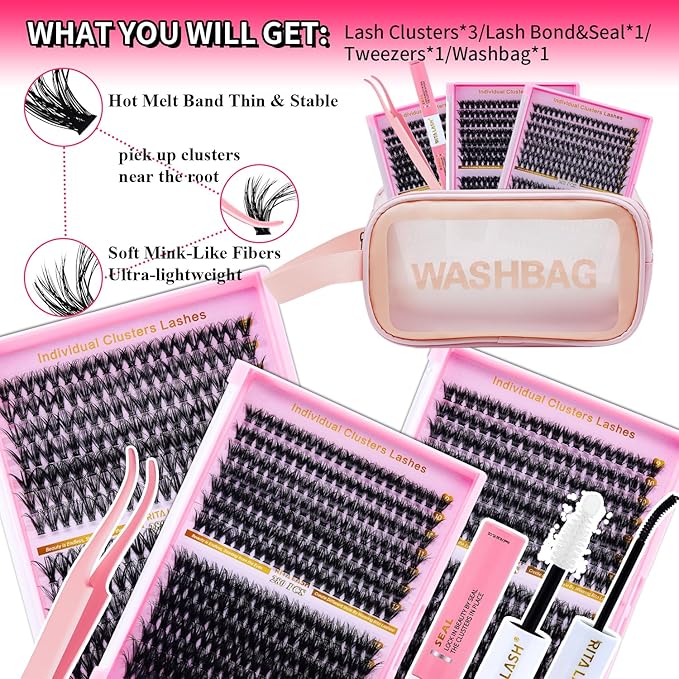 Lash Extension Kit DIY Lash Clusters 3 Boxes Cluster Lashes Soft Eyelash Extensions Wispy Individual Lashes with Lash Bond and Seal,Lash Tweezers,Washbag 6 Counts(40D 60D 80D, 3 Boxes Kit)