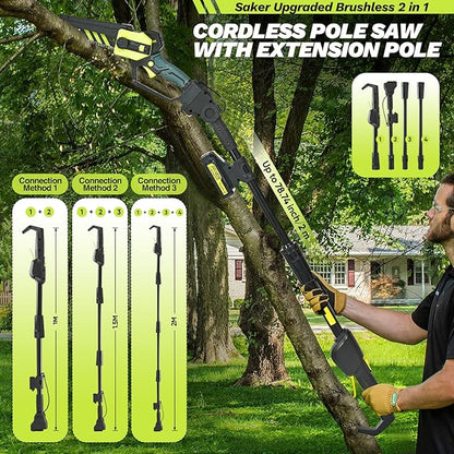 Saker Cordless Pole Saw and Mini Chainsaw,2-IN-1 Pole Chainsaws,Brushless Electric Pole Saws Battery Powered 6 Inch Chain Saw, 78.74 Inch Max Reach Tree Trimmer Pole Saw(1 Battery)