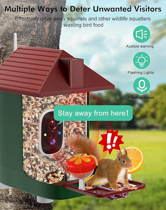 Smart Bird Feeder with Camera,5200mAh Battery with Solar Panel, 4K Native Resolution Live View, AI Species Identification, Auto Capture & Instant Arrival Alert, Ideal Gift for Bird Lovers (Red Green)