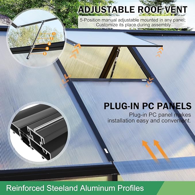 CDCASA 8.2x6.2 FT Greenhouse for Outdoors, Easy Assembly Aluminum Heavy Duty Polycarbonate Greenhouses w/Vent Window, Swing Door, Walk-in Green House for Sunroom Patio, Backyard, Garden,Black