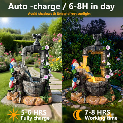 Solar Garden Gnomes Statues Outdoor Yard Decorations, 10" Resin Fountain Gnome Outside Christmas Art Decor for Lawn Patio Porch Backyard,Unique Housewarming Gifts for Women Mom Grandma