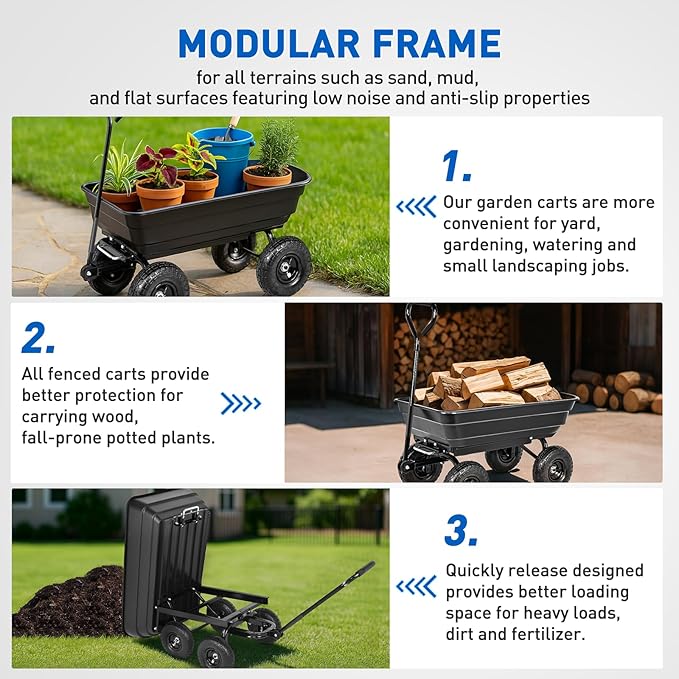 Yesker Garden Carts - 600lbs Dump Wagon with All Terrain Inflatable Wheels for Yard Lawn Farms Gardening - Heavy Duty Utility Outdoor Hauling Wheelbarrow