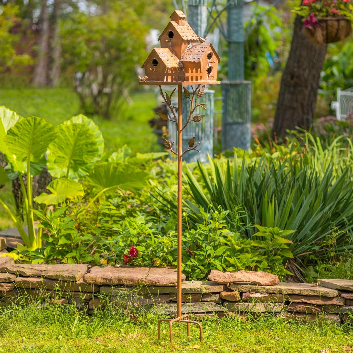 Large Copper Colored Multi-Birdhouse Stakes, Room for 4 Bird Families in Each (Houses Facing Multiple Directions)