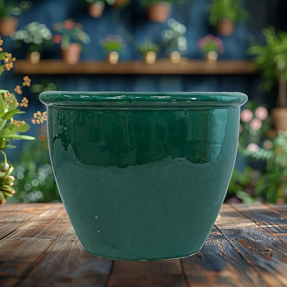 Sunnydaze Large Ceramic Plant Pot - Round Outdoor Glazed Ceramic Planter Pot with Drainage - Chalet -Dark Green - 14.5"