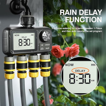 Sprinkler Timer,4 Outlets Programmable Water Timer for Garden Hose,Outdoor Hose Timers with Rain Delay/Manual/Automatic Watering System,Digital Irrigation Timers for Yard,Lawn