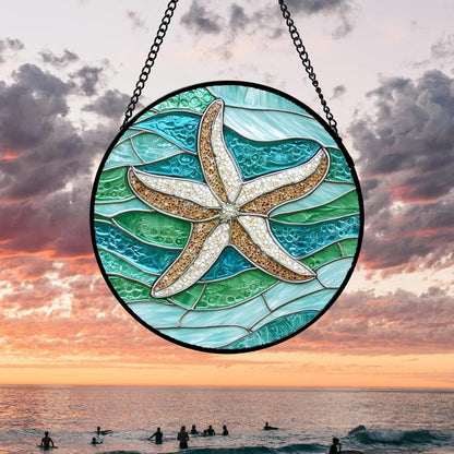 Stained Glass Window Hanging 4 Pcs Set Cyan Ocean Life Theme 6.3" - Sea Starfish Suncatcher Door Garden Sun Catcher Decor Birthday for Mom Woman Nana Men Friend