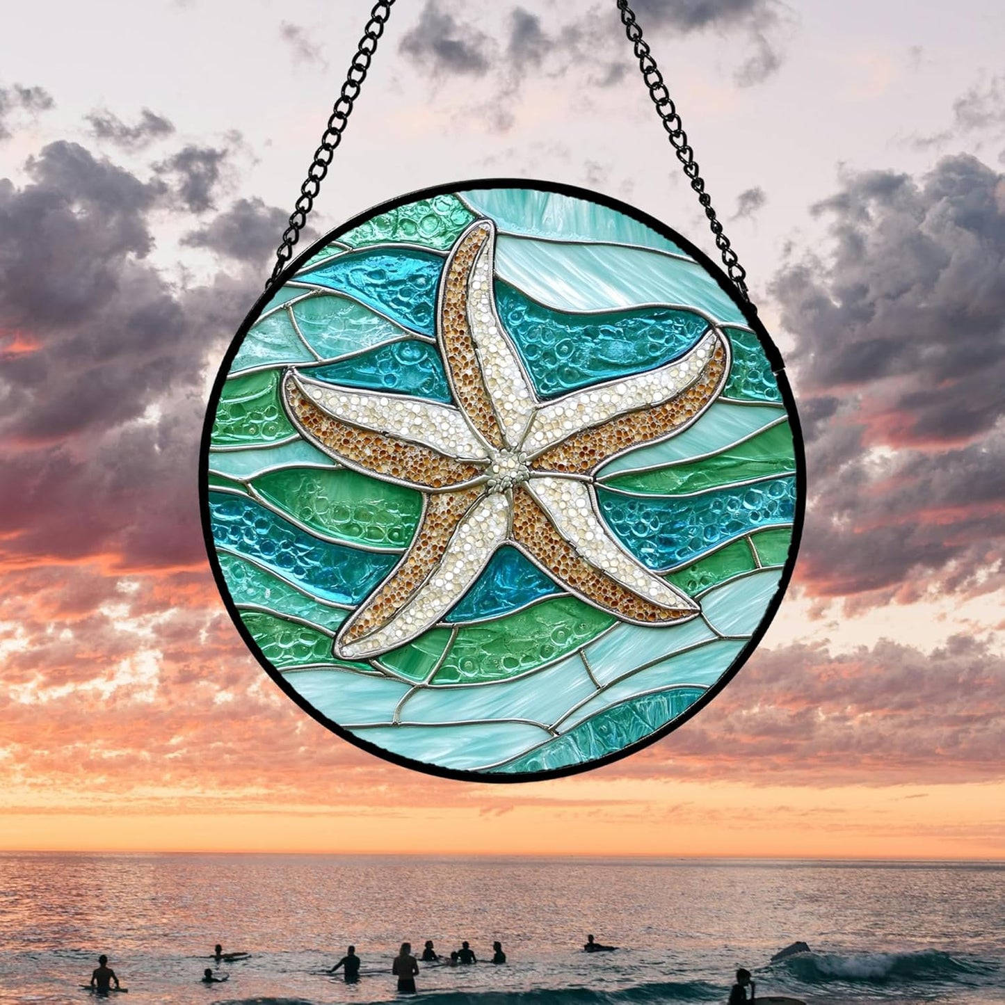 Stained Glass Window Hanging 4 Pcs Set Cyan Ocean Life Theme Large 15" - Sea Starfish Suncatcher Door Garden Sun Catcher Decor Birthday for Mom Woman Nana Men Friend