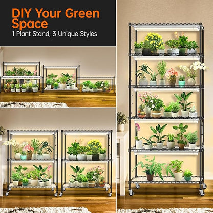 Bstrip 71" Indoor Greenhouse with Grow Light, 6-Tier DIY Plant Shelf with Adjustable Rack and Wheels, 8-Pack 192W Full Spectrum LED Plant Light for Indoor Plants, Seed Starting, (29.5" L x 13.8" W)