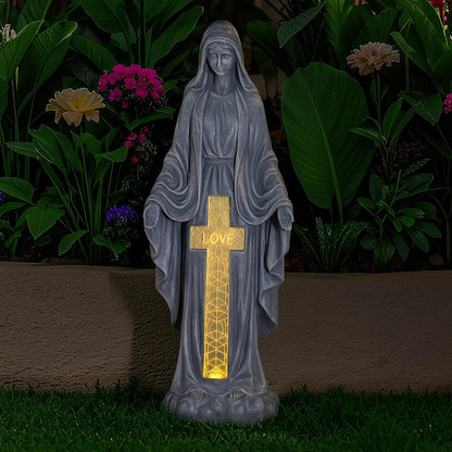 Solar Virgin Mary Praying Statue 27.9 Inch- Outdoor Religious Garden Decor with LED Lights, Weather-Resistant Magnesium Oxide Sculpture for Yard, Patio, Entryway （Gray Solar Virgin Mary）