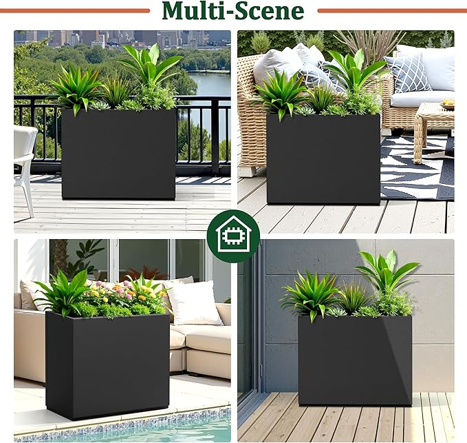 Large Rectangle Planter Metal Black Planter Box with a Drainage Hole and a Removable Divider Indoor Outdoor Porch Pots for Tall Plants, Trees, Flowers 29.92"x 12.01" x 24.02" Black